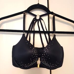 Victoria’s Secret Miraculous Plunge 32D Black Bombshell Rhinestone Push Up Bra